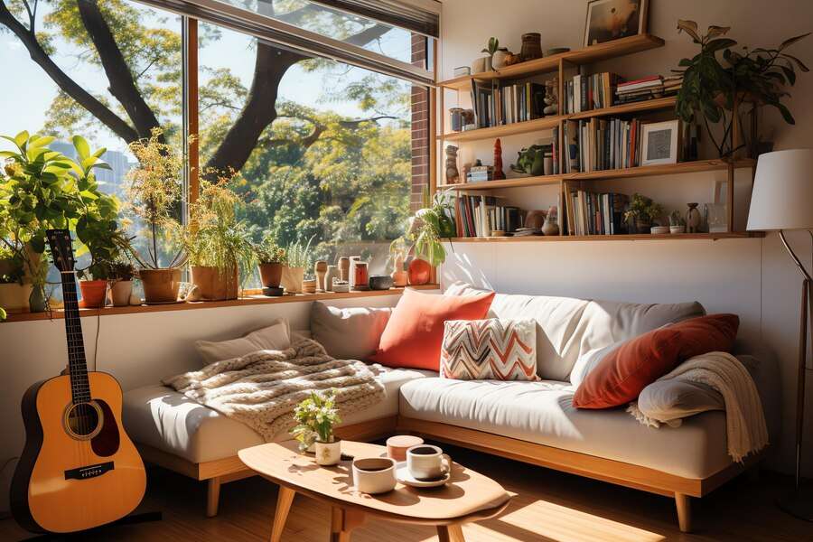 2. Amenajari pentru livingul mic - trucuri utile de design interior si idei de amenajare pentru un living mic, cochet si primitor_Living mic, canapea, plante, obiecte decorative, geamuri mari, chitara, biblioteca